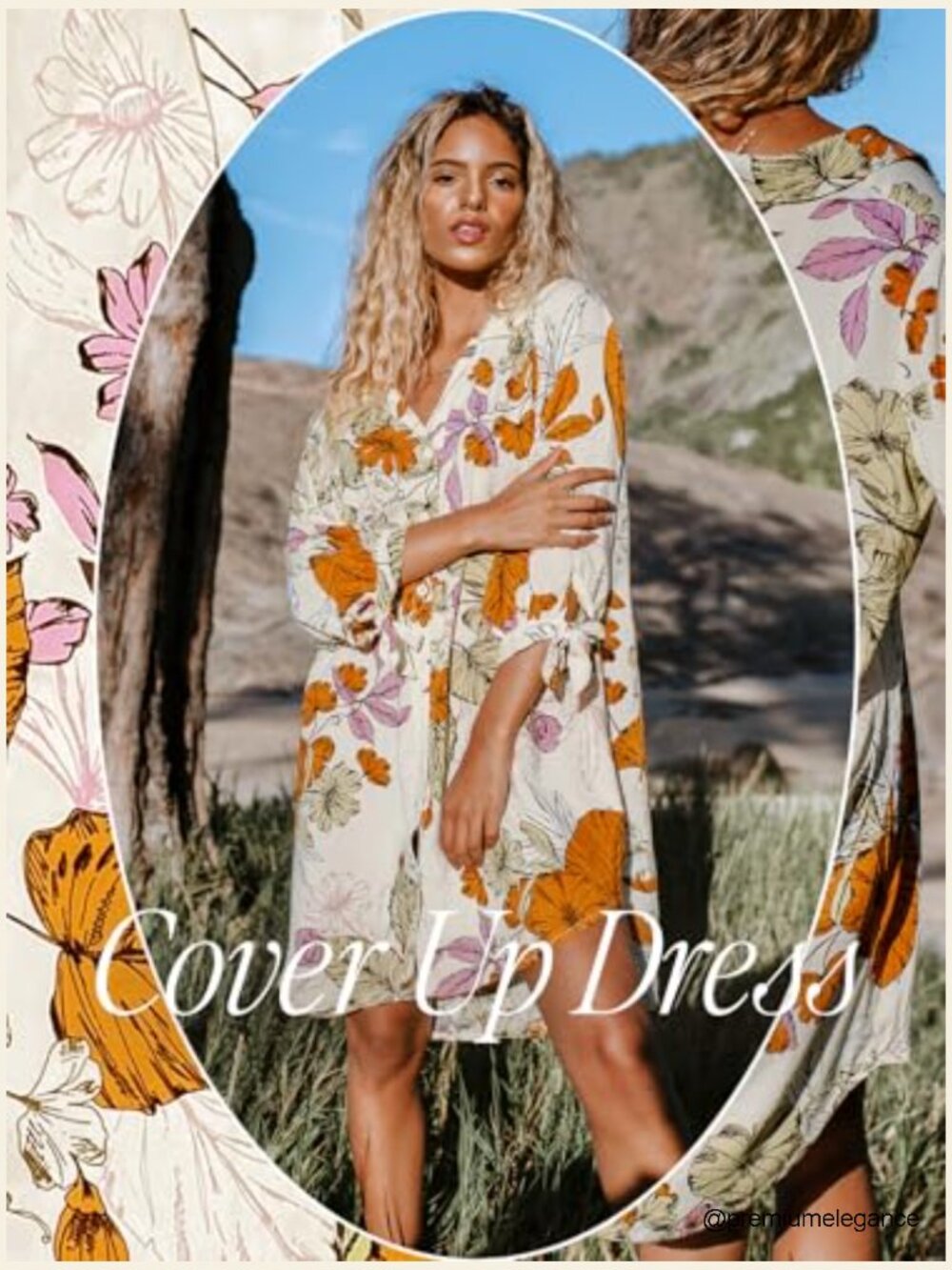 Mini Summer Dress Cover Up Oversize Floral Shirt 3/4 Sleeve Cuff Tie Button - Picture 3 of 7